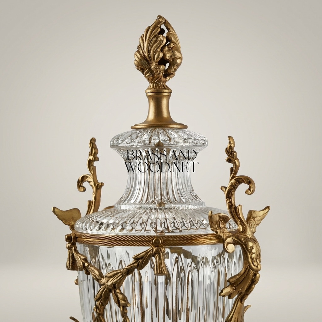 Louis XVI Neoclassical Covered Crystal Urn Vase with Acanthus Brass Mounts & Flame Finial — Antique Gold