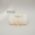 Neoclassical Crystal Tissue Box with Crossed Torch Appliqués — Gold
