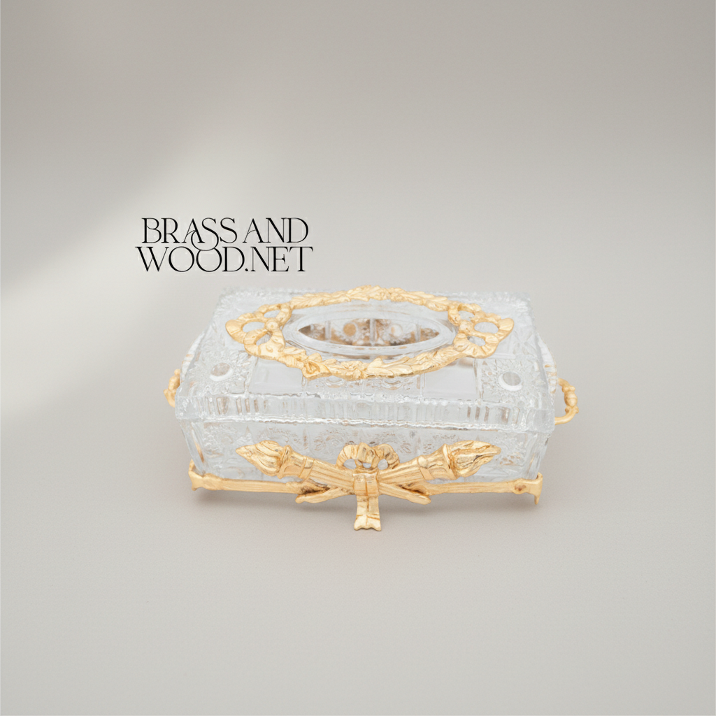 Neoclassical Crystal Tissue Box with Crossed Torch Appliqués — Gold