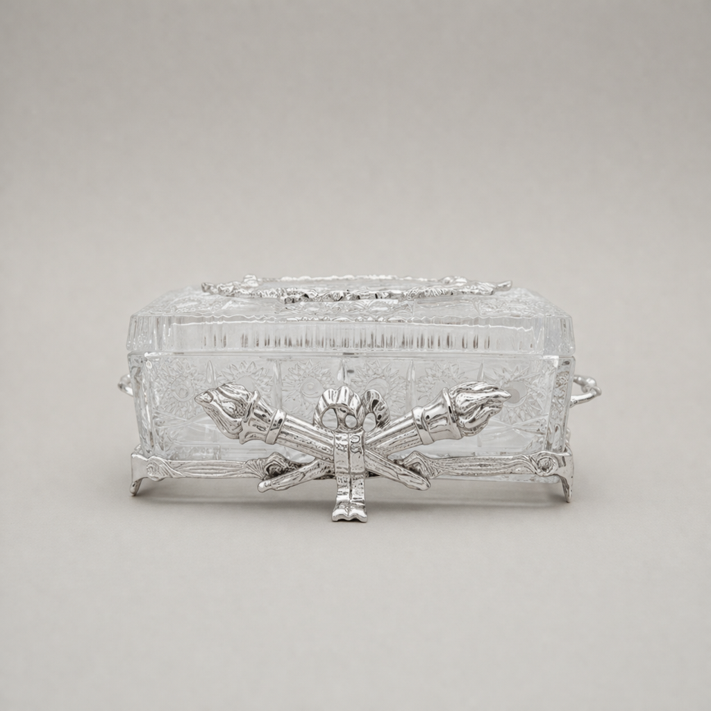 Neoclassical Crystal Tissue Box with Crossed Torch Appliqués — Silver