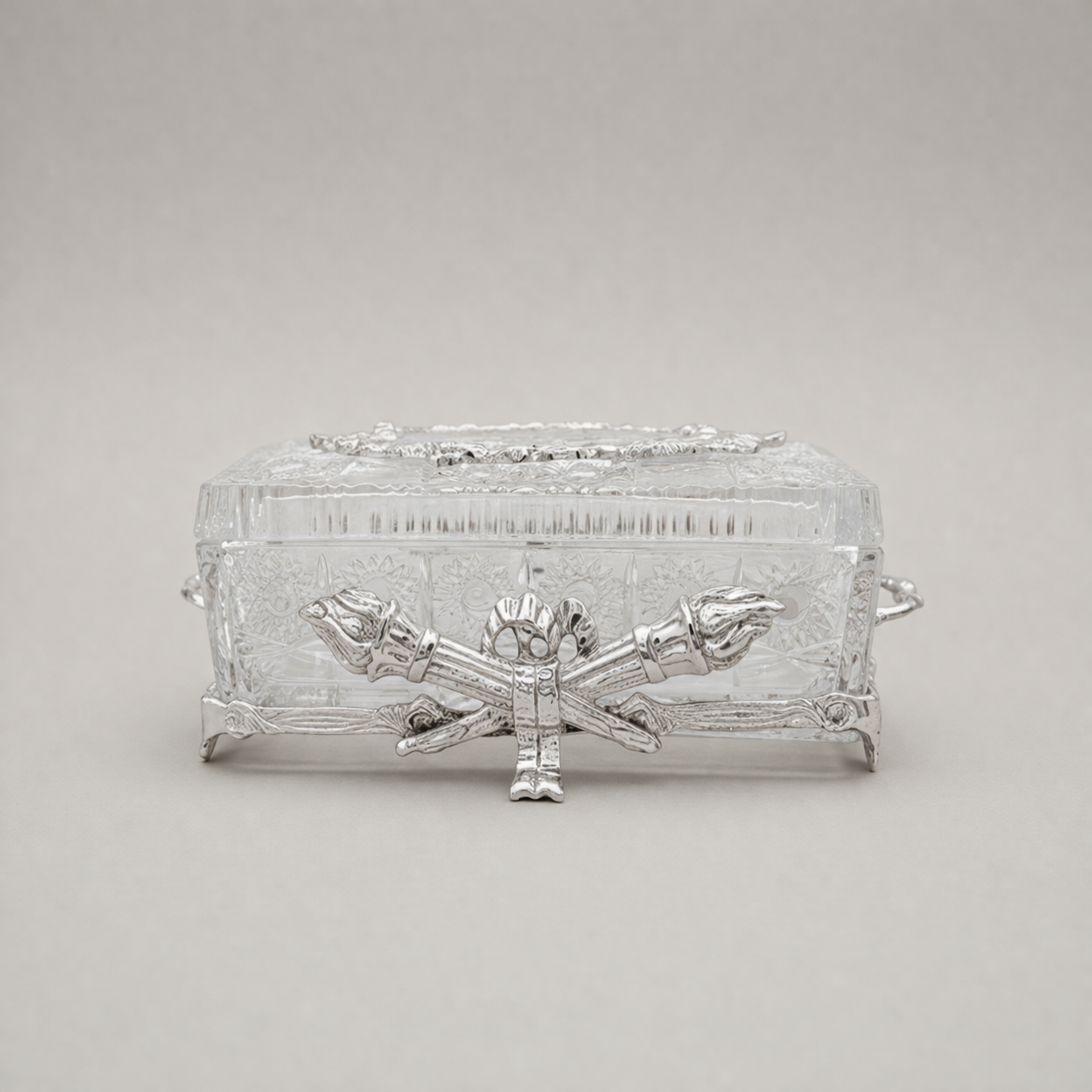 Neoclassical Crystal Tissue Box with Crossed Torch Appliqués — Silver