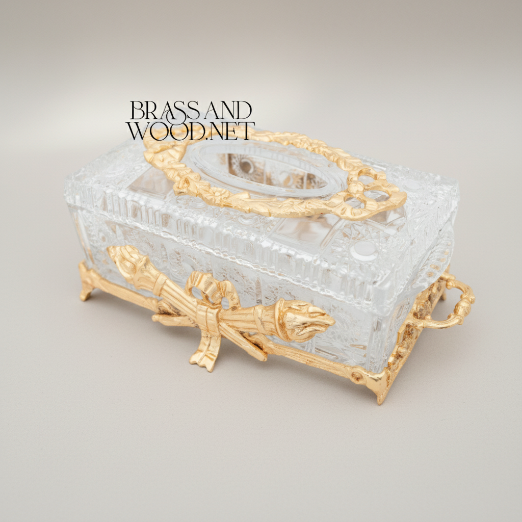 Neoclassical Crystal Tissue Box with Crossed Torch Appliqués — Gold