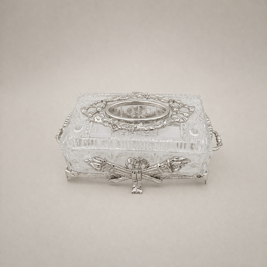 Neoclassical Crystal Tissue Box with Crossed Torch Appliqués — Silver