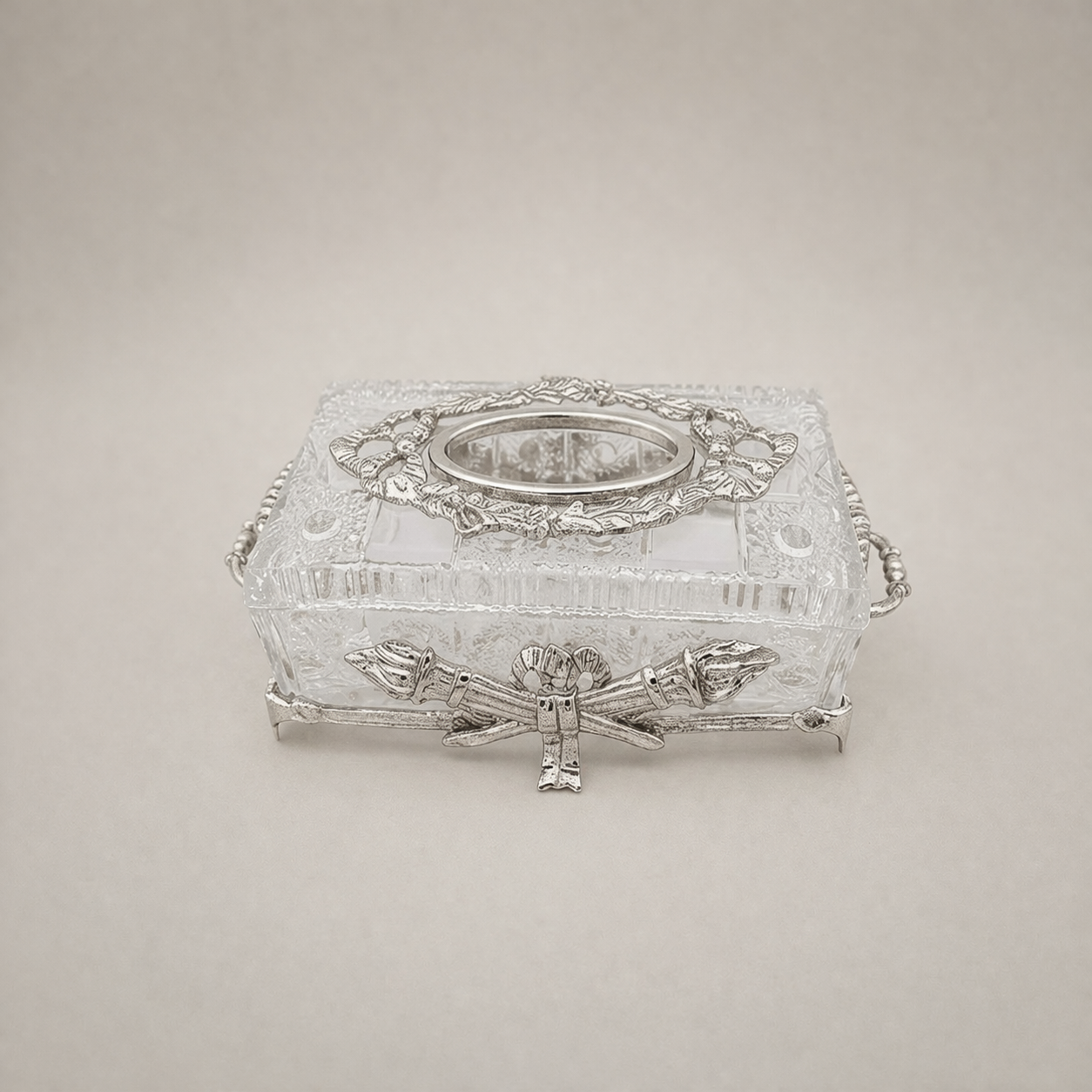 Neoclassical Crystal Tissue Box with Crossed Torch Appliqués — Silver