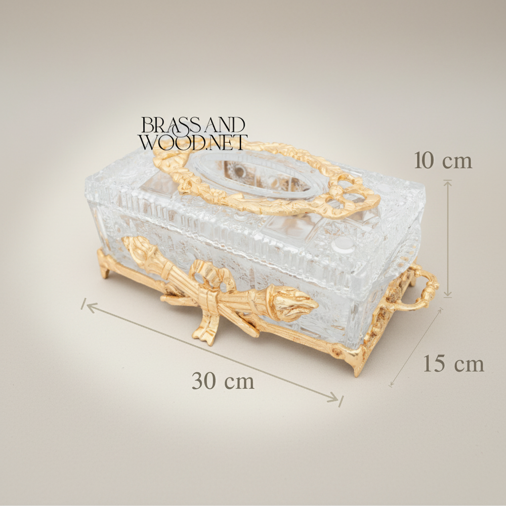 Neoclassical Crystal Tissue Box with Crossed Torch Appliqués — Gold