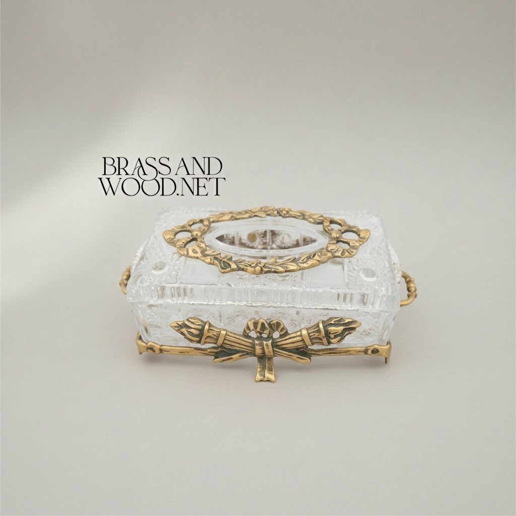 Neoclassical Crystal Tissue Box with Crossed Torch Appliqués — Antique Gold