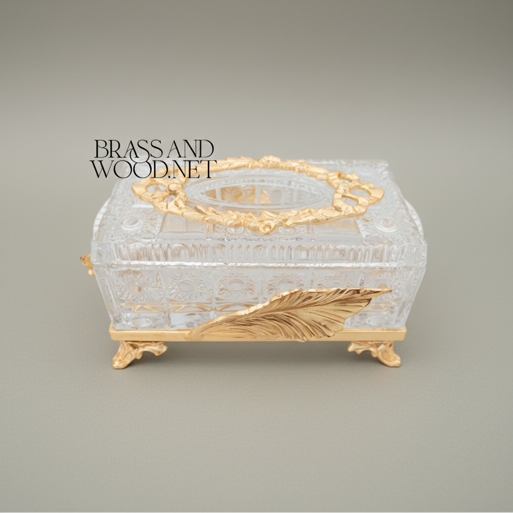 Neoclassical Crystal Tissue Box with Feather Relief & Floral Wreath Lid — Gold