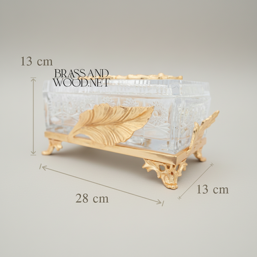 Neoclassical Crystal Tissue Box with Feather Relief & Floral Wreath Lid — Gold