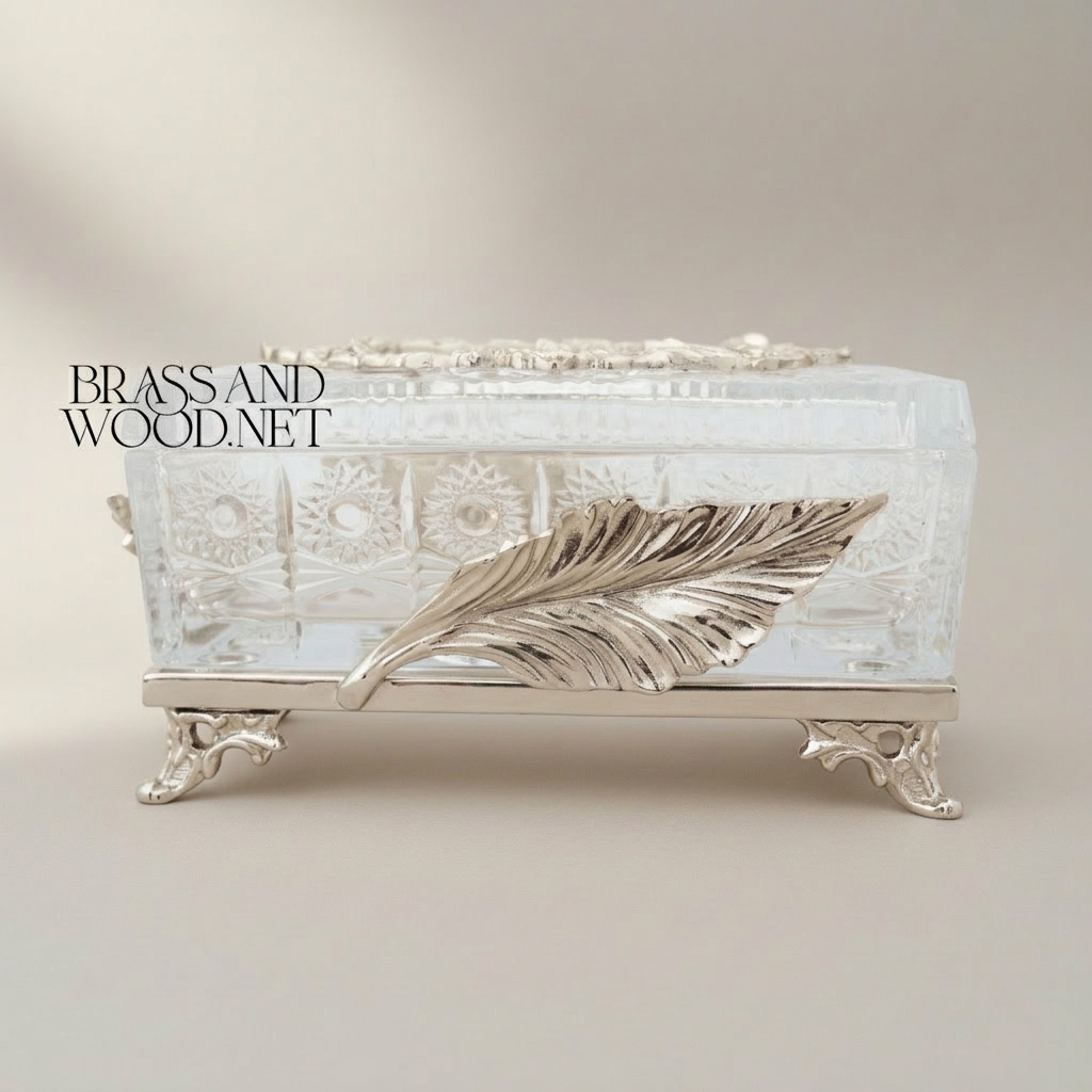 Neoclassical Crystal Tissue Box with Feather Relief & Floral Wreath Lid — Silver