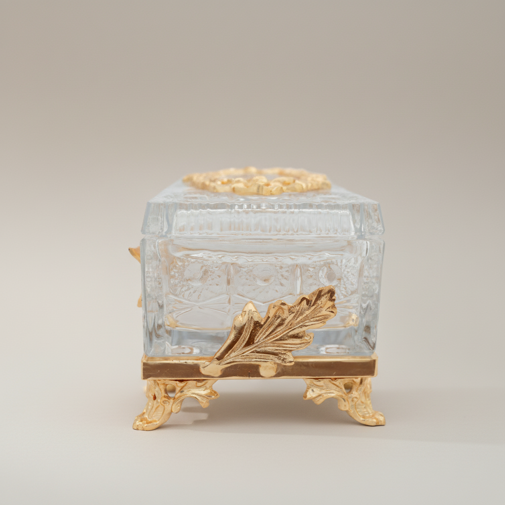Neoclassical Crystal Tissue Box with Feather Relief & Floral Wreath Lid — Gold