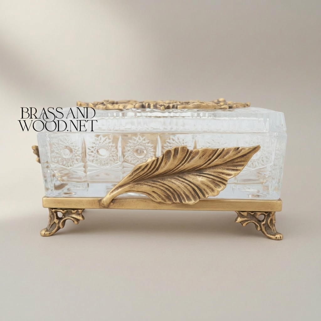 Neoclassical Crystal Tissue Box with Feather Relief & Floral Wreath Lid — Antique Gold