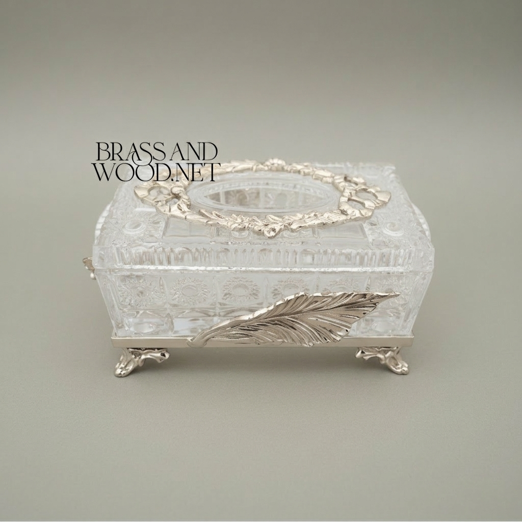 Neoclassical Crystal Tissue Box with Feather Relief & Floral Wreath Lid — Silver