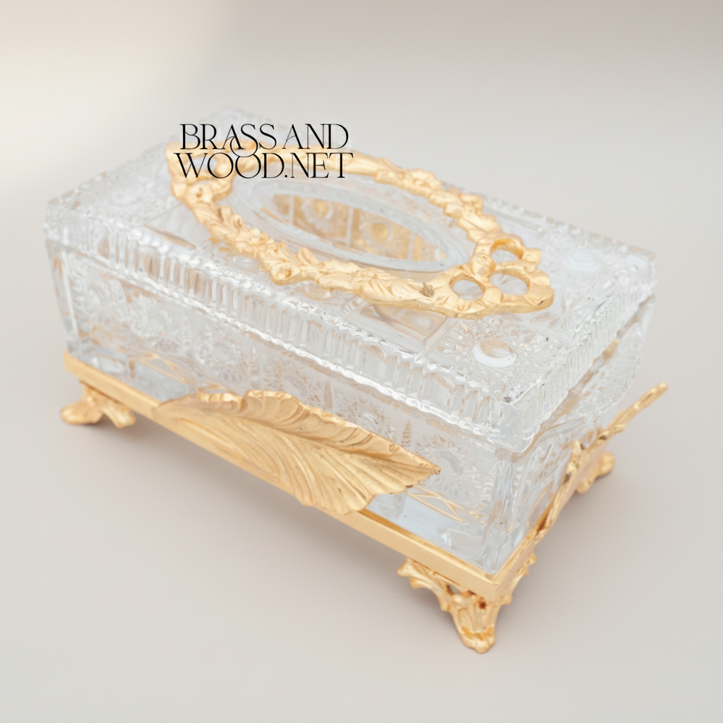 Neoclassical Crystal Tissue Box with Feather Relief & Floral Wreath Lid — Gold