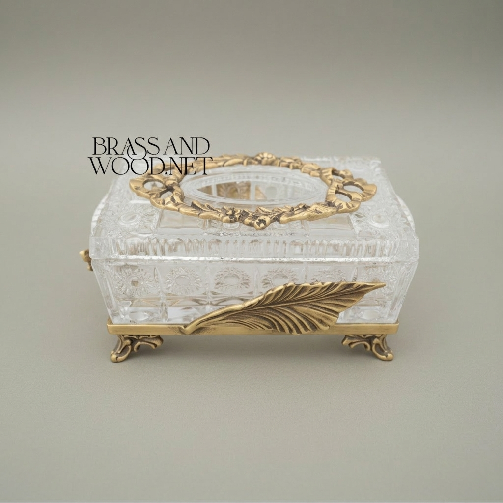 Neoclassical Crystal Tissue Box with Feather Relief & Floral Wreath Lid — Antique Gold