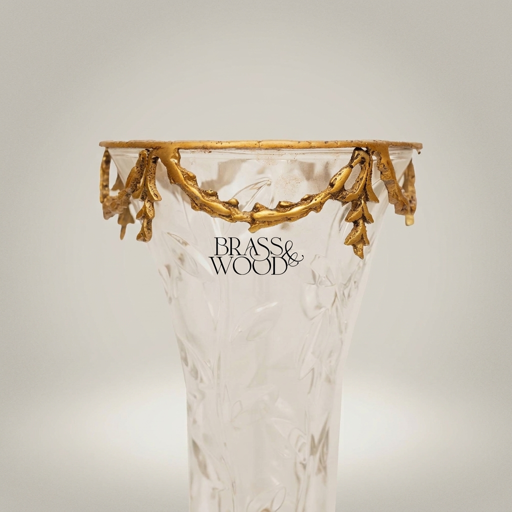 Neoclassical Crystal Trumpet Vase with Brass Swag Rim & Sculpted Pedestal Base — Antique Gold