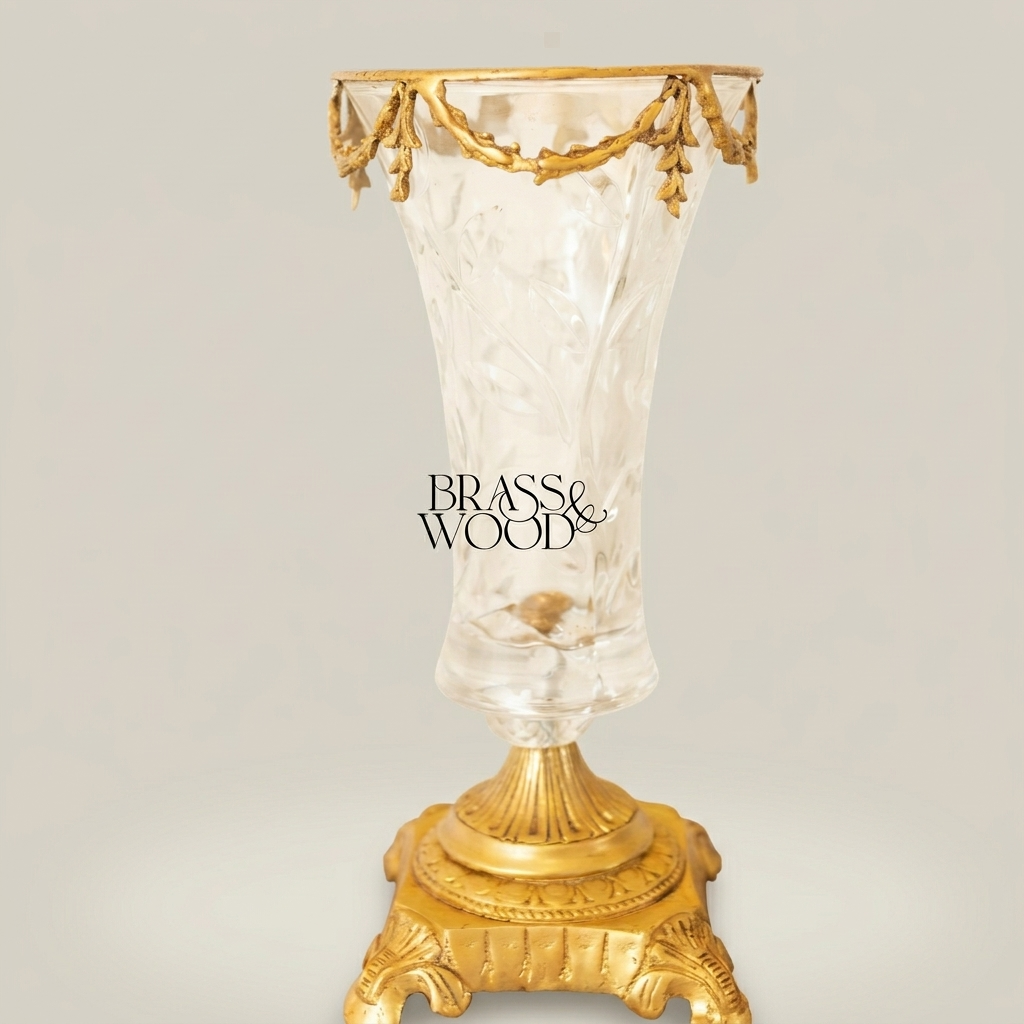 Neoclassical Crystal Trumpet Vase with Brass Swag Rim & Sculpted Pedestal Base — Antique Gold