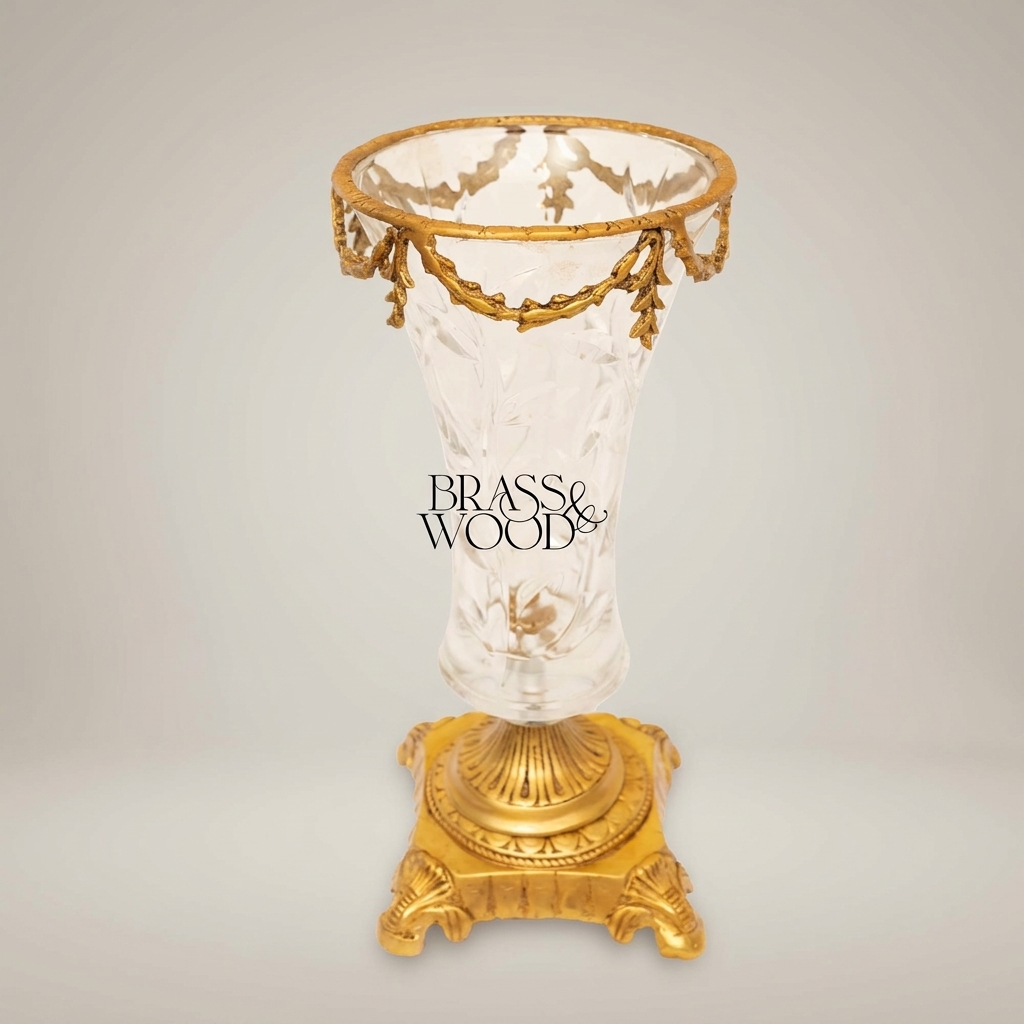 Neoclassical Crystal Trumpet Vase with Brass Swag Rim & Sculpted Pedestal Base — Antique Gold