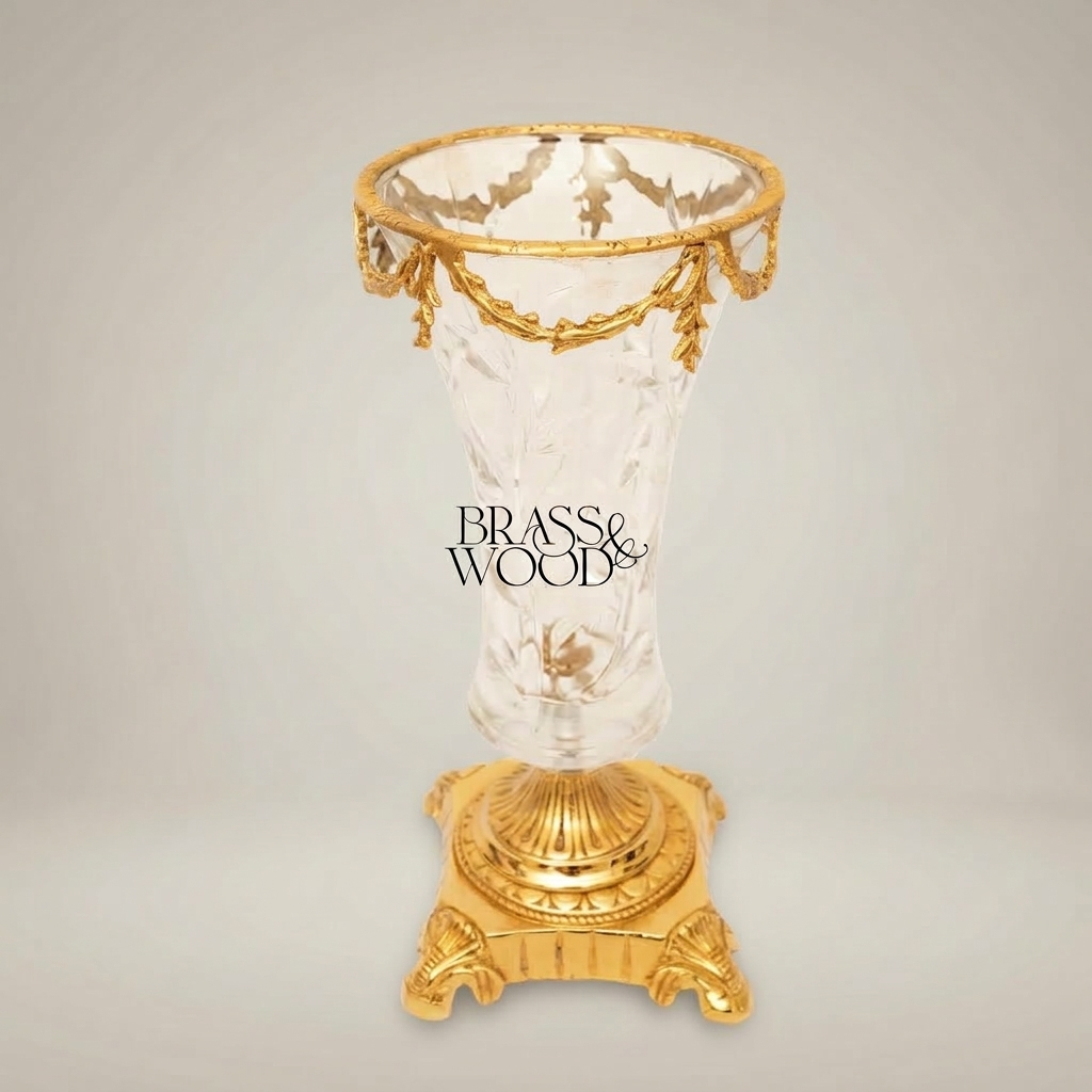 Neoclassical Crystal Trumpet Vase with Brass Swag Rim & Sculpted Pedestal Base