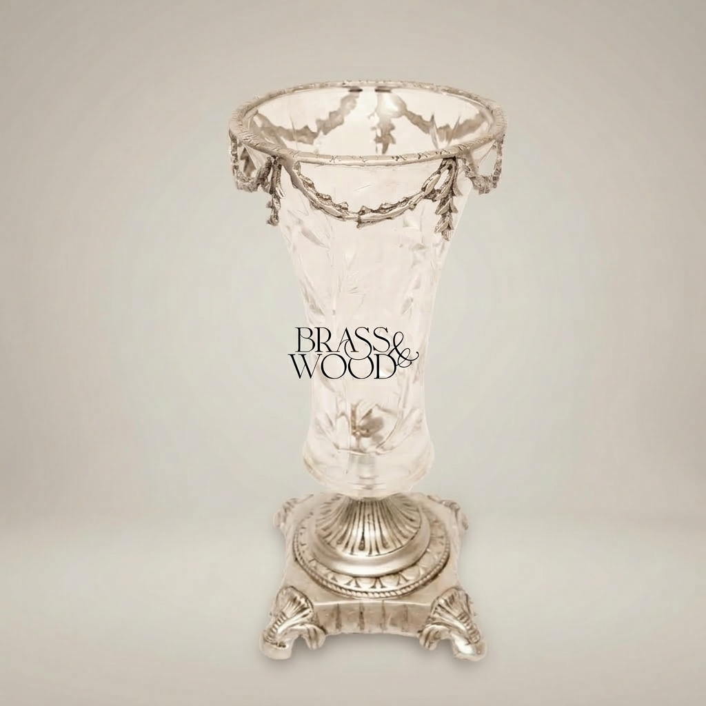 Neoclassical Crystal Trumpet Vase with Brass Swag Rim & Sculpted Pedestal Base — Silver