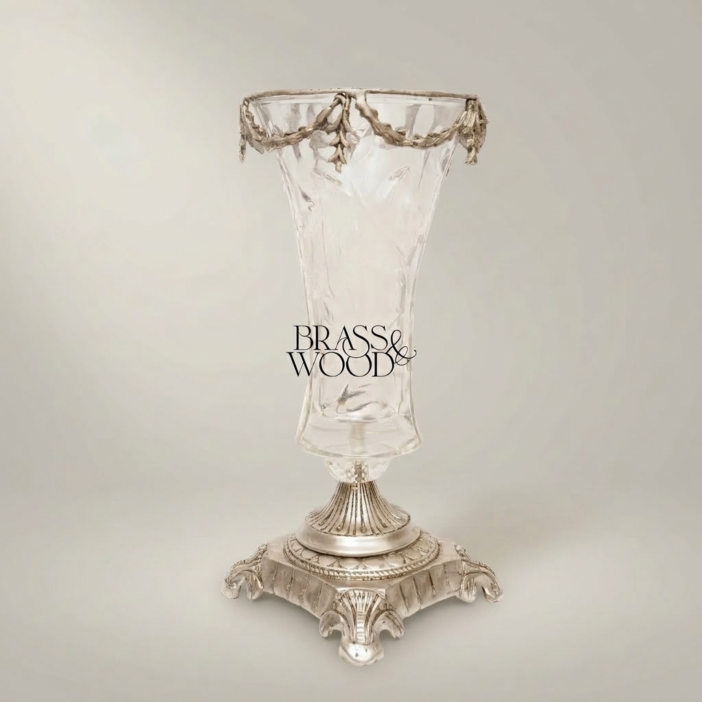 Neoclassical Crystal Trumpet Vase with Brass Swag Rim & Sculpted Pedestal Base — Silver