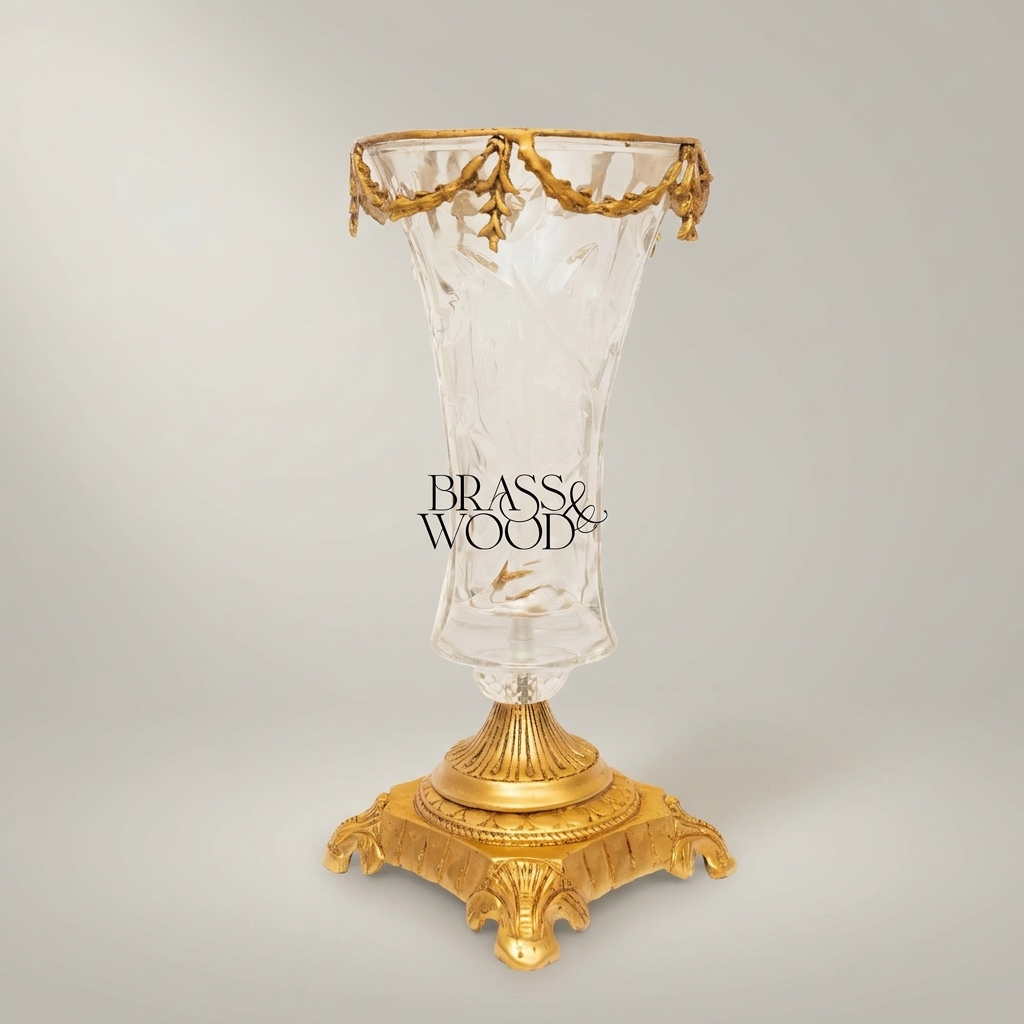 Neoclassical Crystal Trumpet Vase with Brass Swag Rim & Sculpted Pedestal Base — Antique Gold