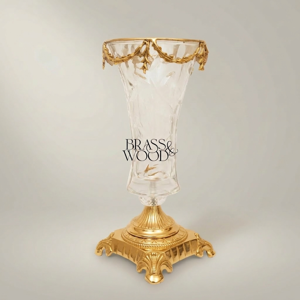 Neoclassical Crystal Trumpet Vase with Brass Swag Rim & Sculpted Pedestal Base
