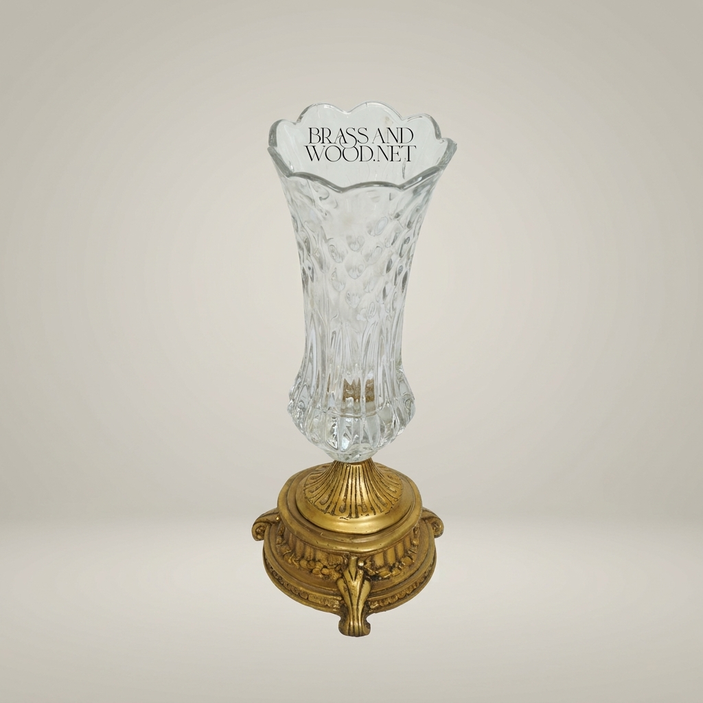 Neoclassical Crystal Trumpet Vase with Ornate Brass Base - Faceted Cut Body — Antique Gold
