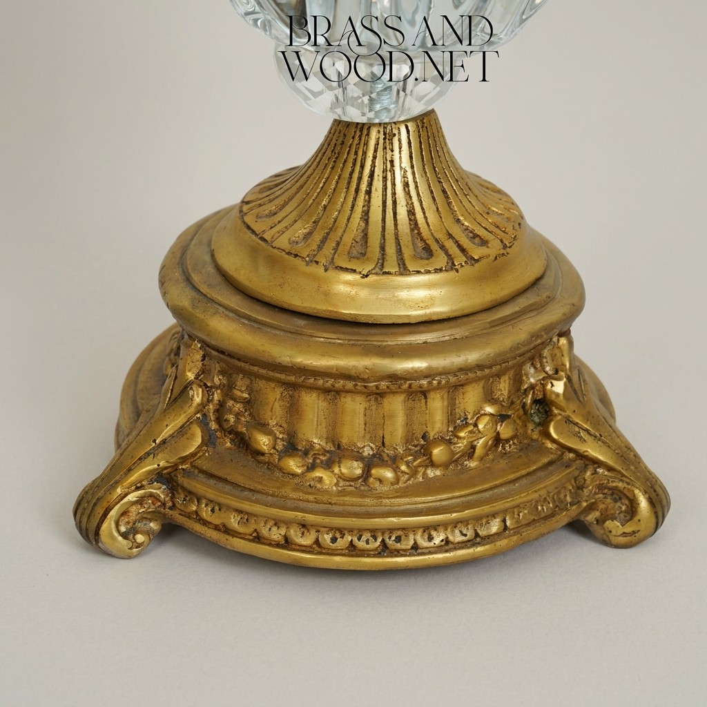 Neoclassical Crystal Trumpet Vase with Ornate Brass Base - Faceted Cut Body — Antique Gold