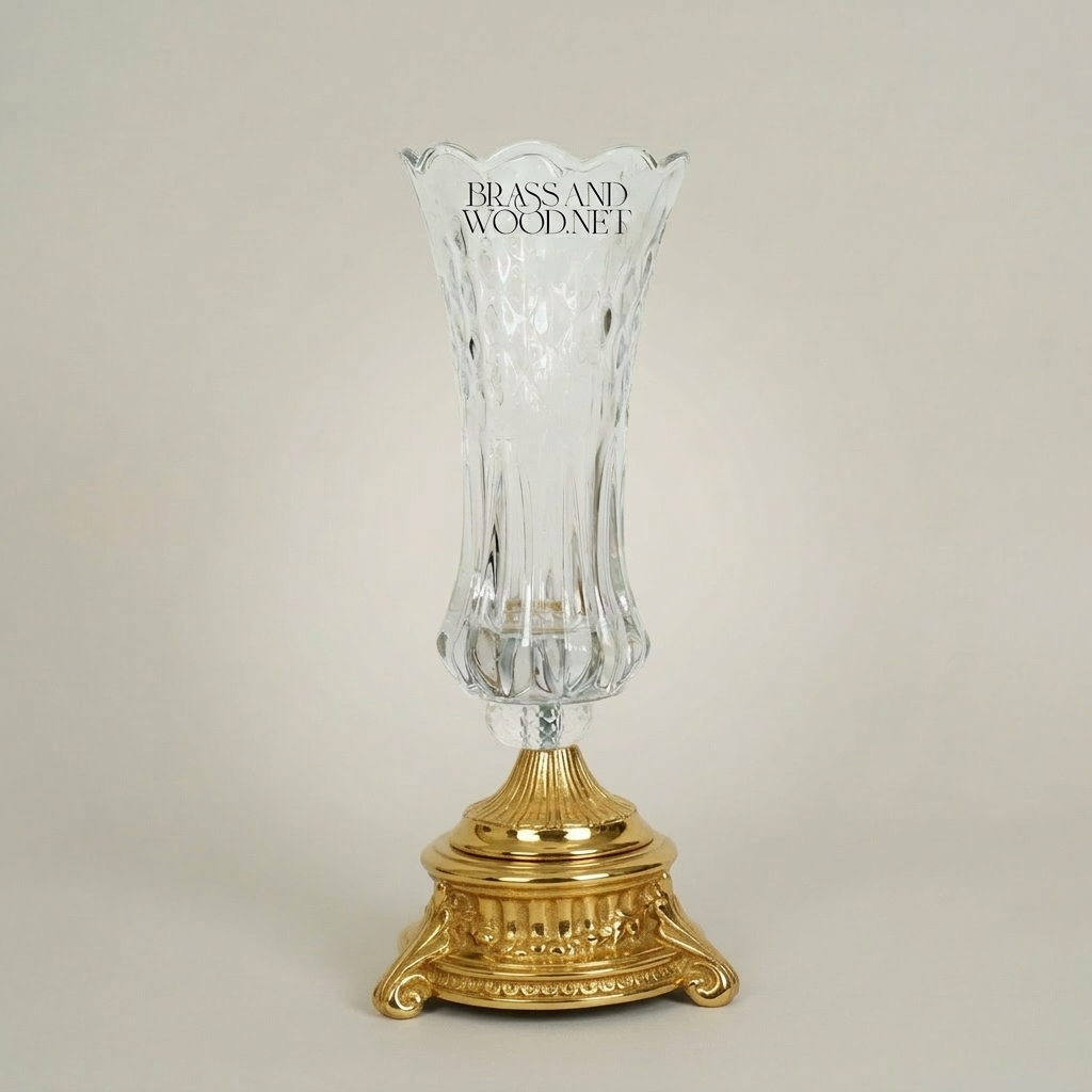 Neoclassical Crystal Trumpet Vase with Ornate Brass Base - Faceted Cut Body