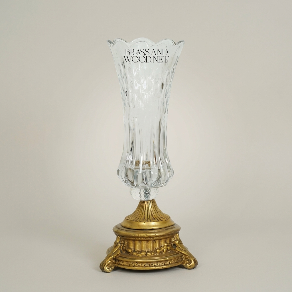 Neoclassical Crystal Trumpet Vase with Ornate Brass Base - Faceted Cut Body — Antique Gold