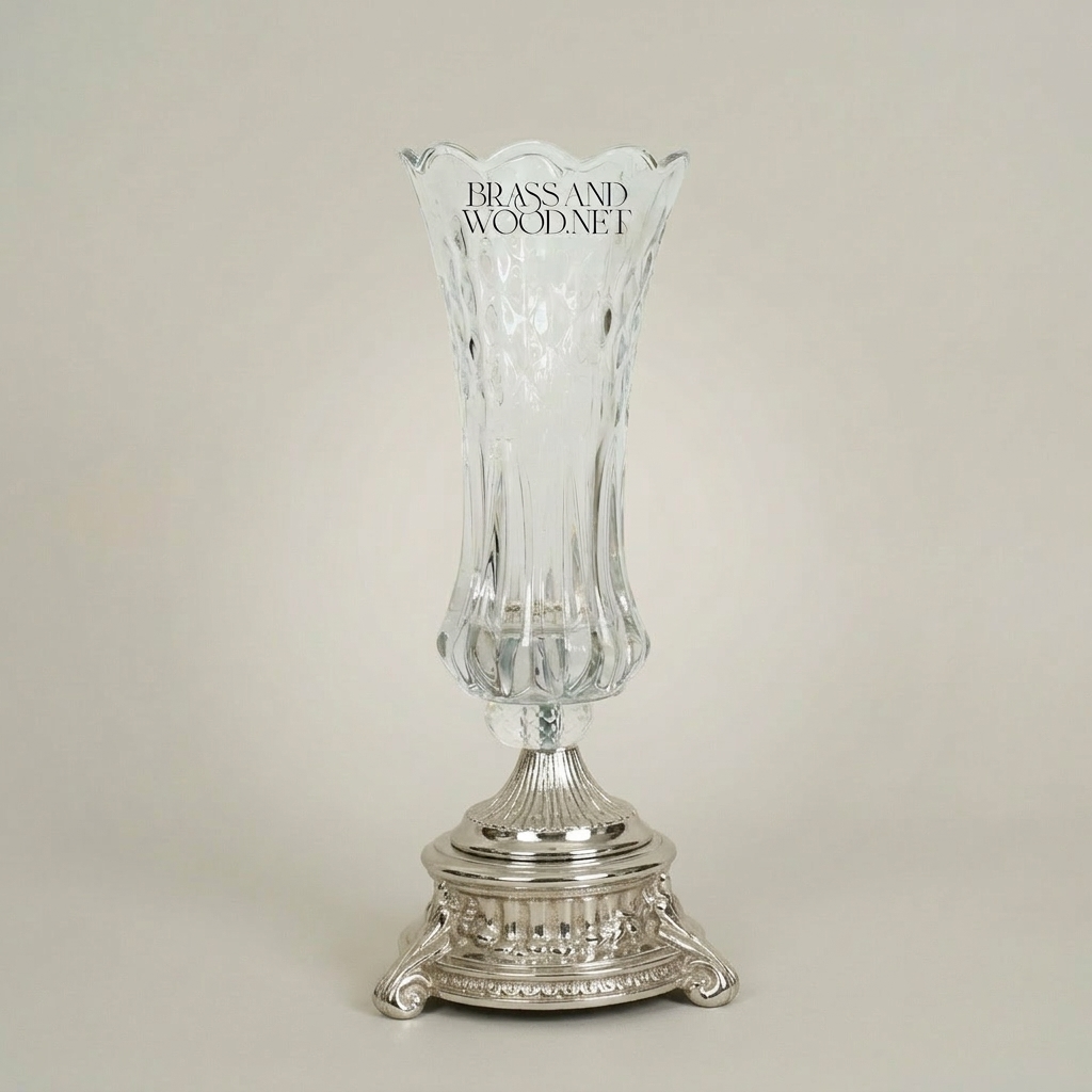 Neoclassical Crystal Trumpet Vase with Ornate Brass Base - Faceted Cut Body — Silver