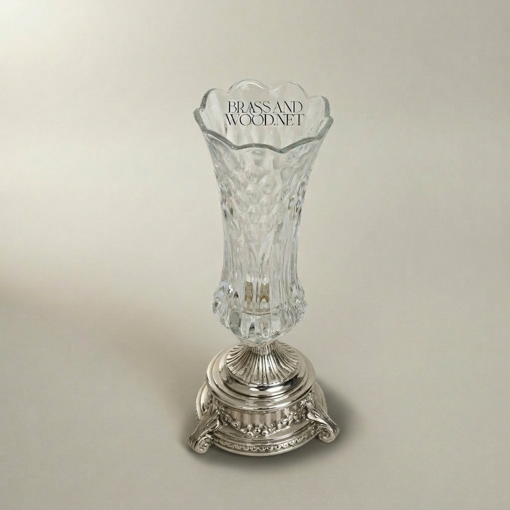Neoclassical Crystal Trumpet Vase with Ornate Brass Base - Faceted Cut Body — Silver