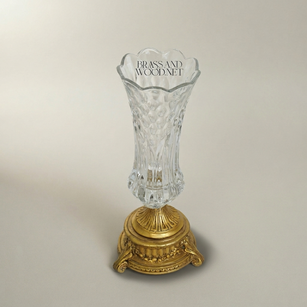 Neoclassical Crystal Trumpet Vase with Ornate Brass Base - Faceted Cut Body — Antique Gold