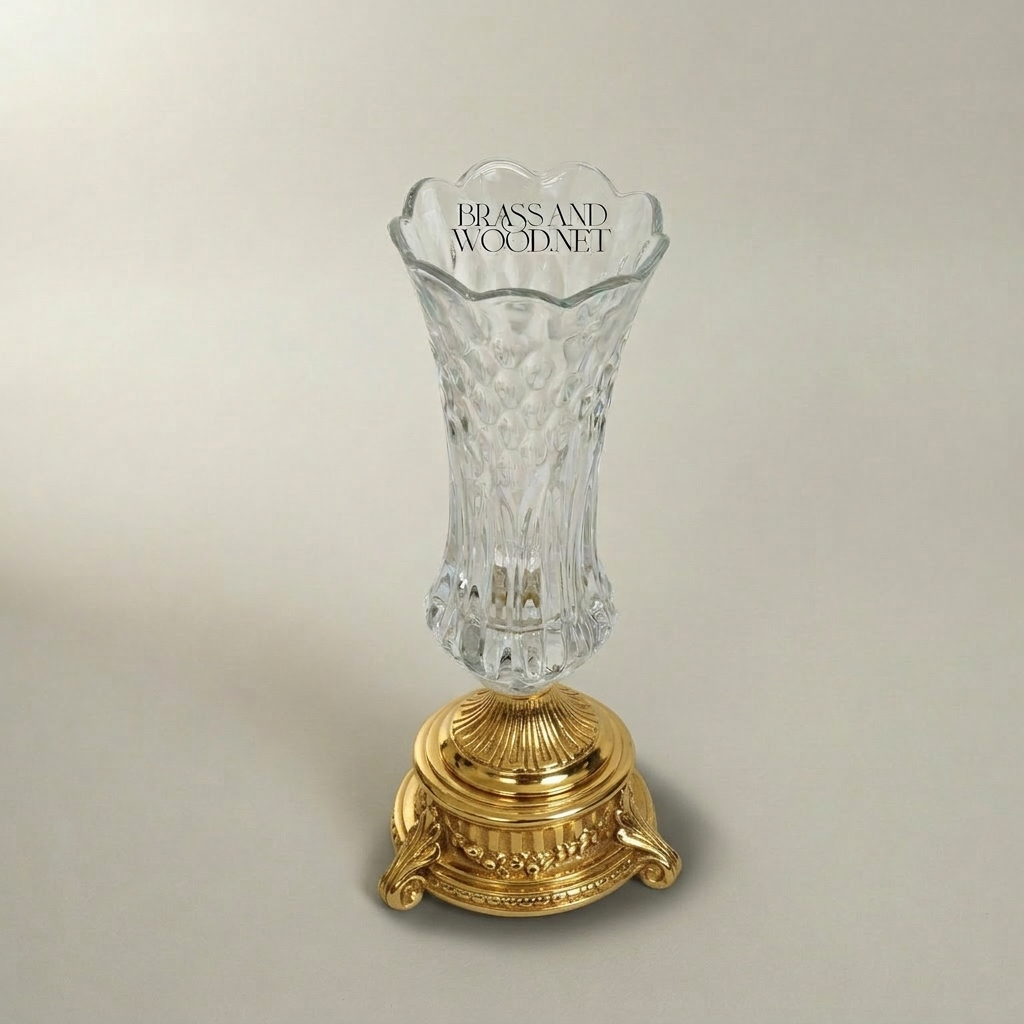 Neoclassical Crystal Trumpet Vase with Ornate Brass Base - Faceted Cut Body — Gold