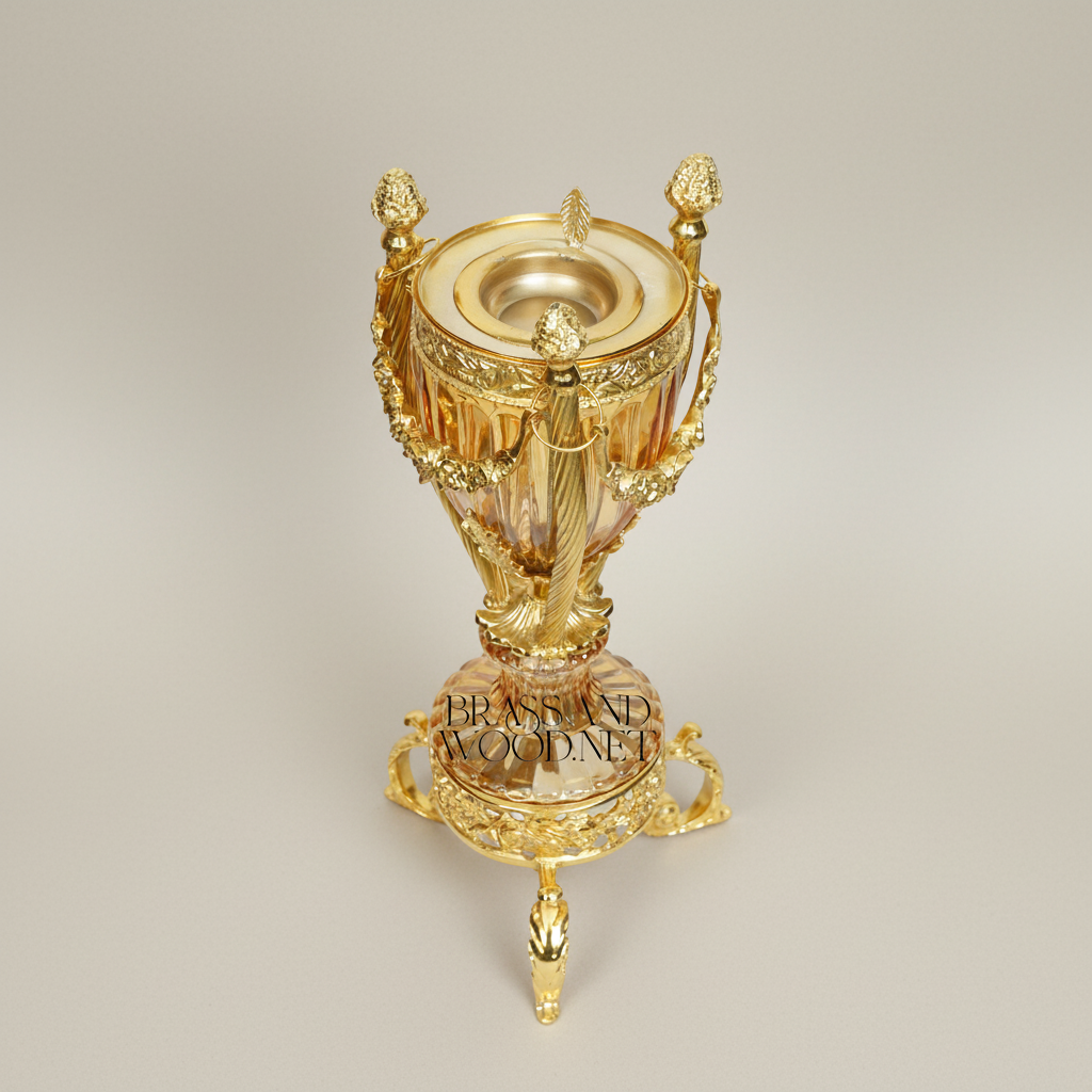 Neoclassical Crystal Urn Incense Burner with Pierced Brass Stand