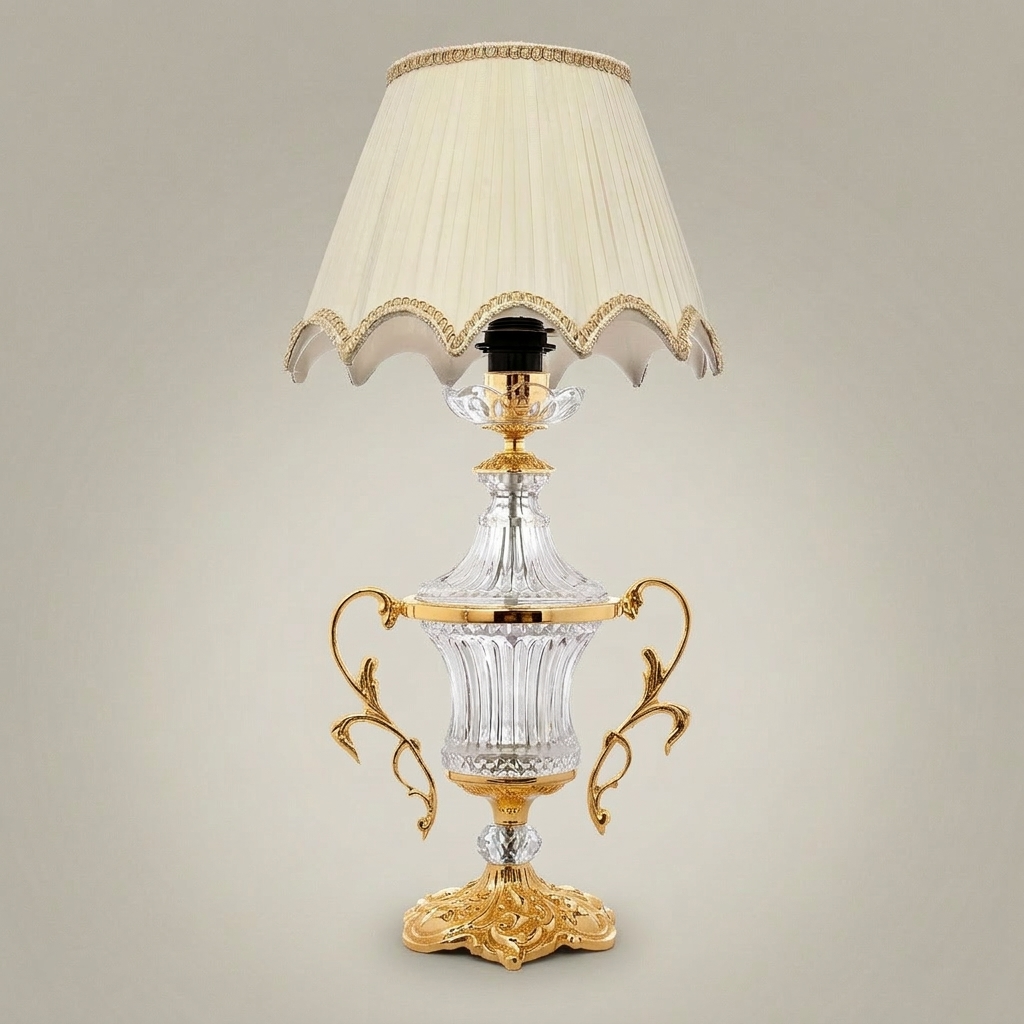 Neoclassical Crystal Urn Table Lamp with Twin Brass Handles — Gold