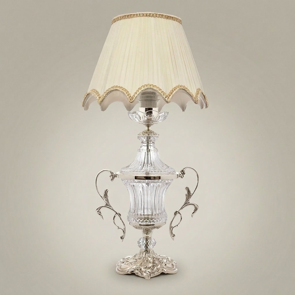 Neoclassical Crystal Urn Table Lamp with Twin Brass Handles — Silver