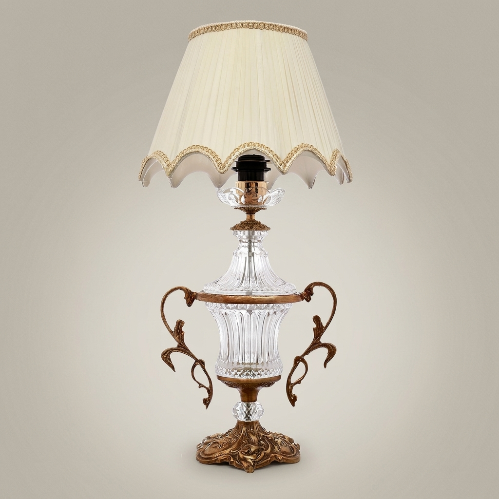 Neoclassical Crystal Urn Table Lamp with Twin Brass Handles — Antique Gold