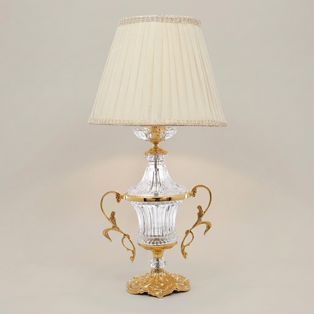 Neoclassical Crystal Urn Table Lamp with Twin Brass Handles — Gold