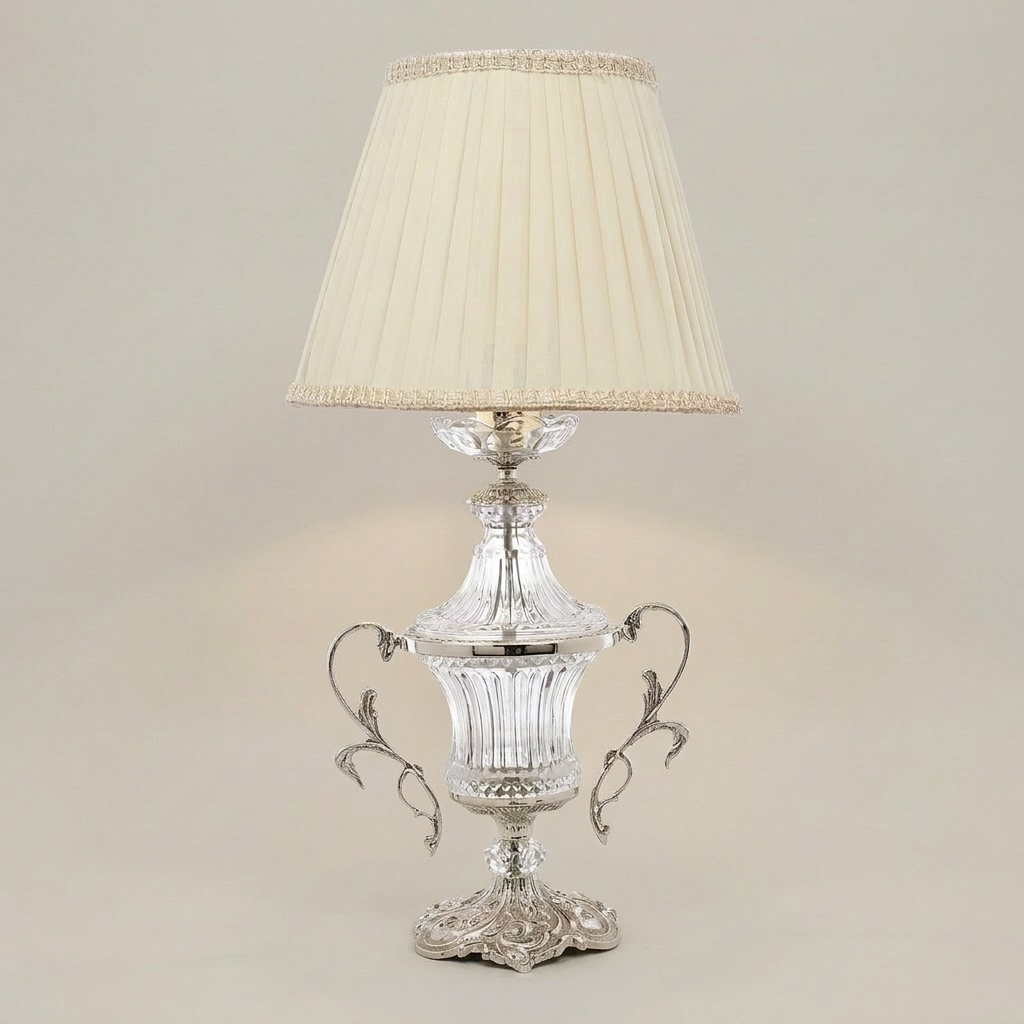 Neoclassical Crystal Urn Table Lamp with Twin Brass Handles — Silver