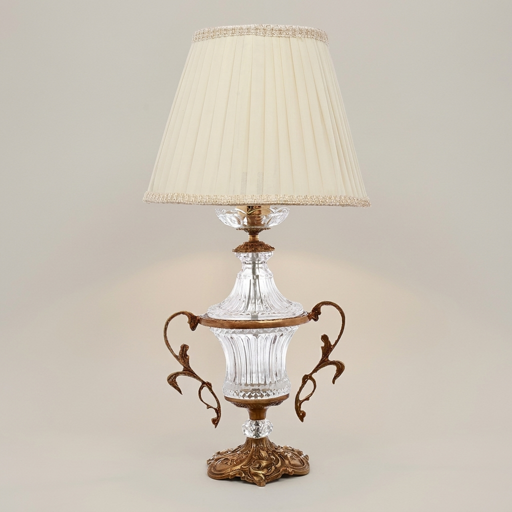 Neoclassical Crystal Urn Table Lamp with Twin Brass Handles — Antique Gold