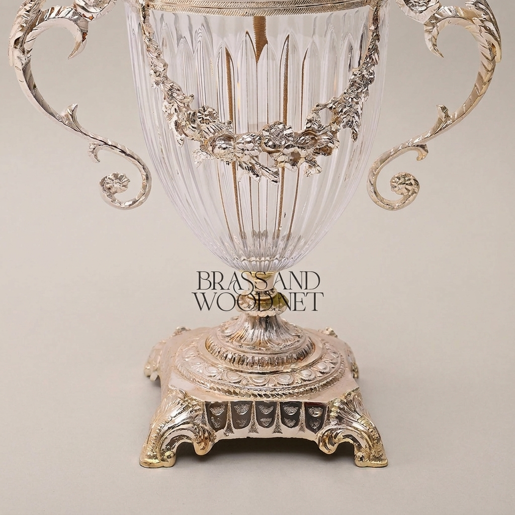 Neoclassical Crystal Urn Vase with Brass Floral Swag Handles & Ornate Pedestal Base — Silver