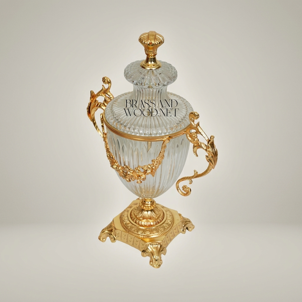 Neoclassical Crystal Urn Vase with Brass Floral Swag Handles & Ornate Pedestal Base — Gold