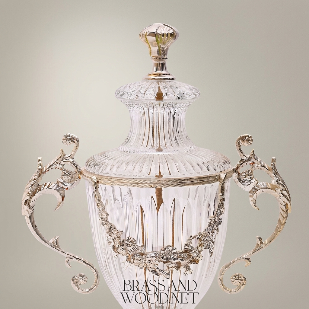 Neoclassical Crystal Urn Vase with Brass Floral Swag Handles & Ornate Pedestal Base — Silver