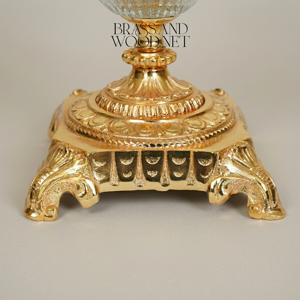 Neoclassical Crystal Urn Vase with Brass Floral Swag Handles & Ornate Pedestal Base