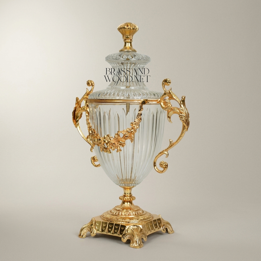 Neoclassical Crystal Urn Vase with Brass Floral Swag Handles & Ornate Pedestal Base — Gold