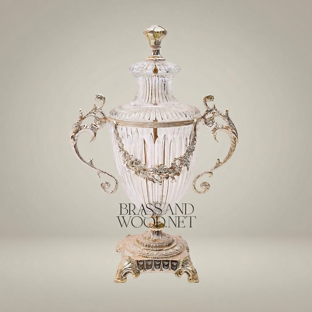 Neoclassical Crystal Urn Vase with Brass Floral Swag Handles & Ornate Pedestal Base — Silver