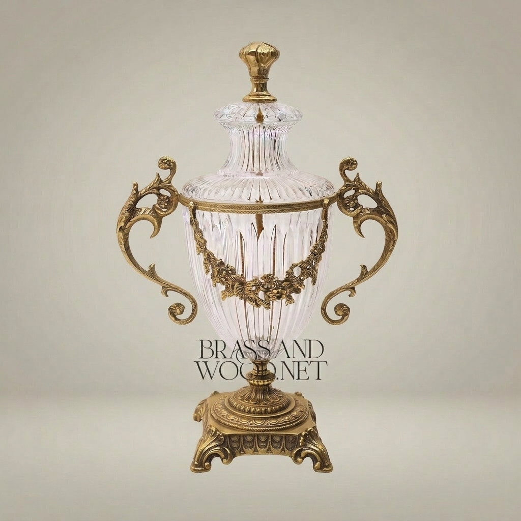 Neoclassical Crystal Urn Vase with Brass Floral Swag Handles & Ornate Pedestal Base — Antique Gold