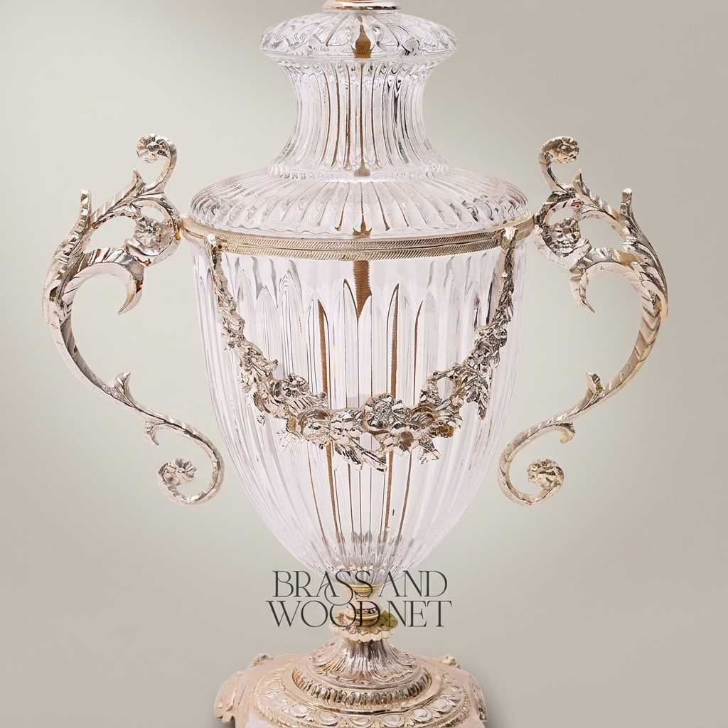 Neoclassical Crystal Urn Vase with Brass Floral Swag Handles & Ornate Pedestal Base — Silver