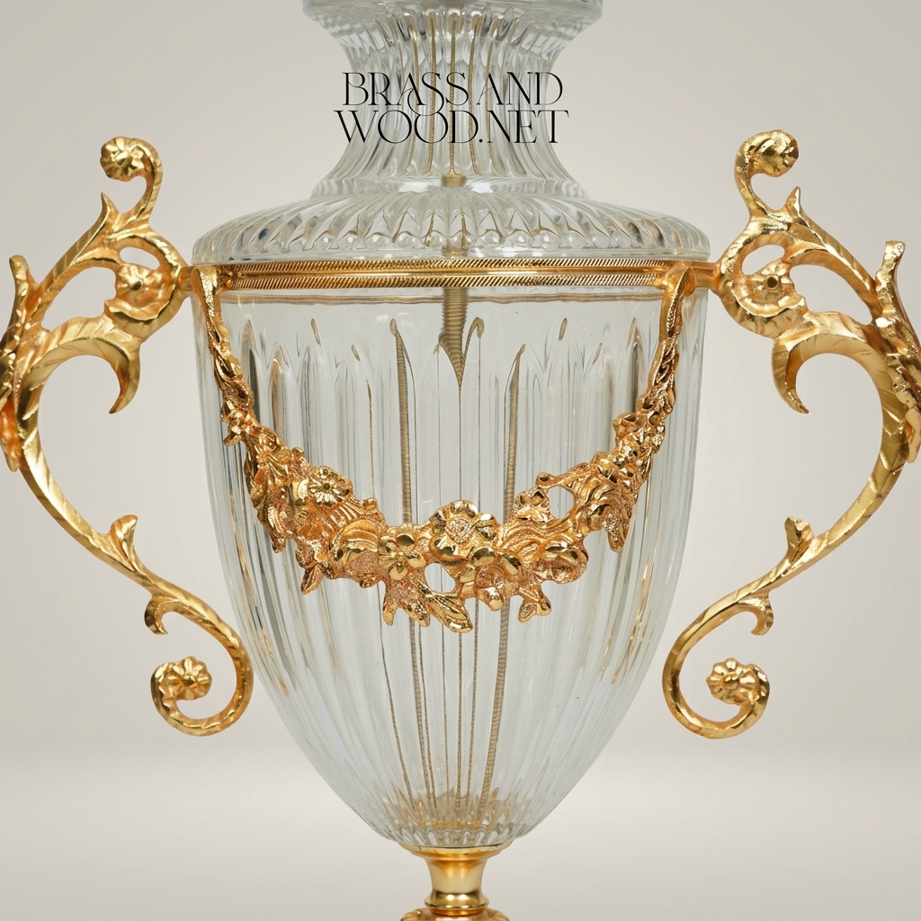 Neoclassical Crystal Urn Vase with Brass Floral Swag Handles & Ornate Pedestal Base